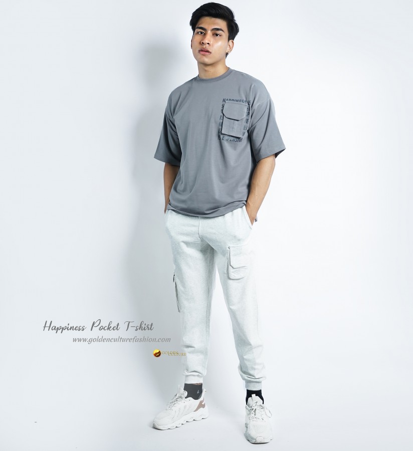 HAPPINESS IS EXPENSIVE Pockets Oversized T-Shirt (Gray)